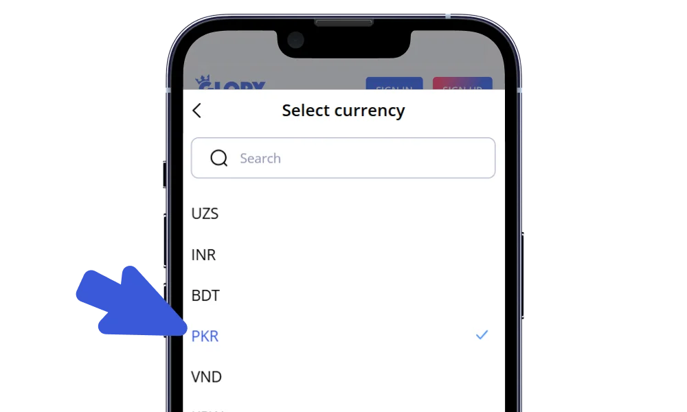 Choose PKR to sign up for Glory Casino on your smartphone