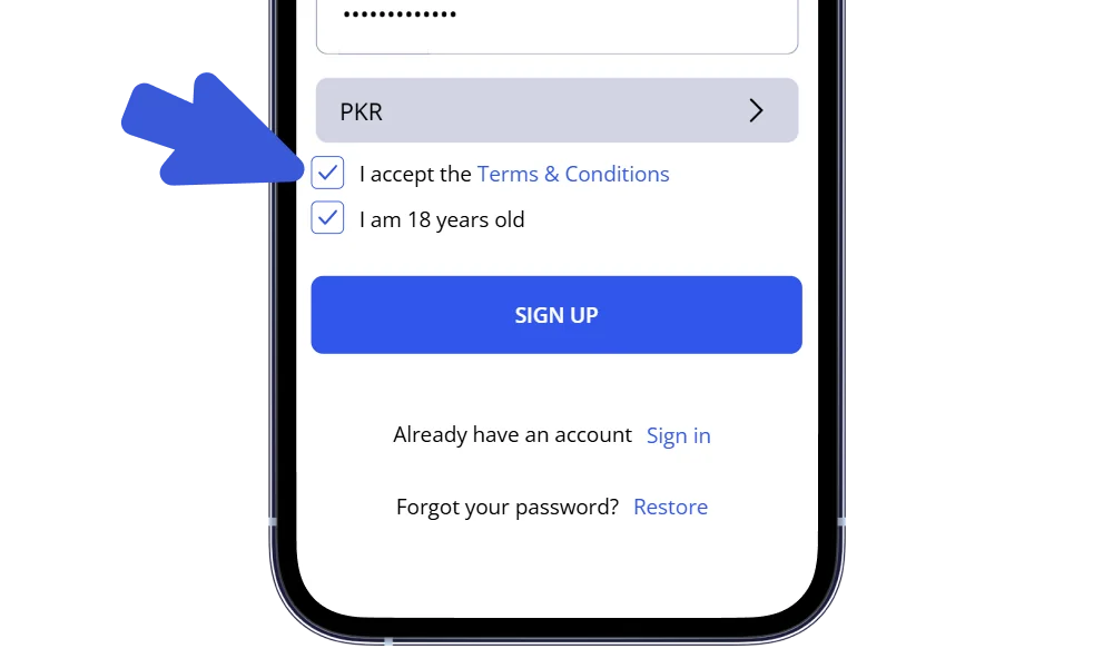 Confirming registration at Glory Casino via the app