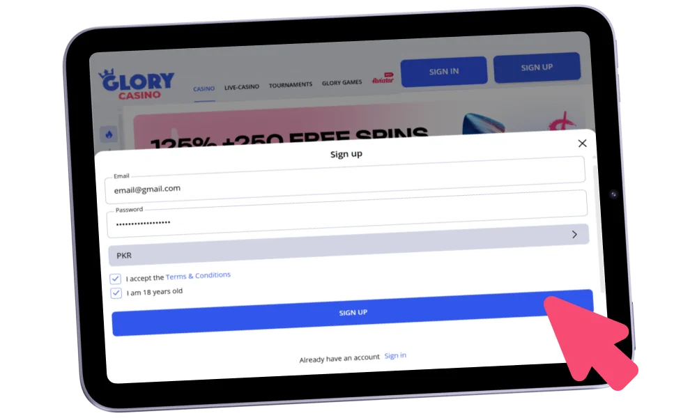 Submit & Confirm your consent to create an account at Glory Casino